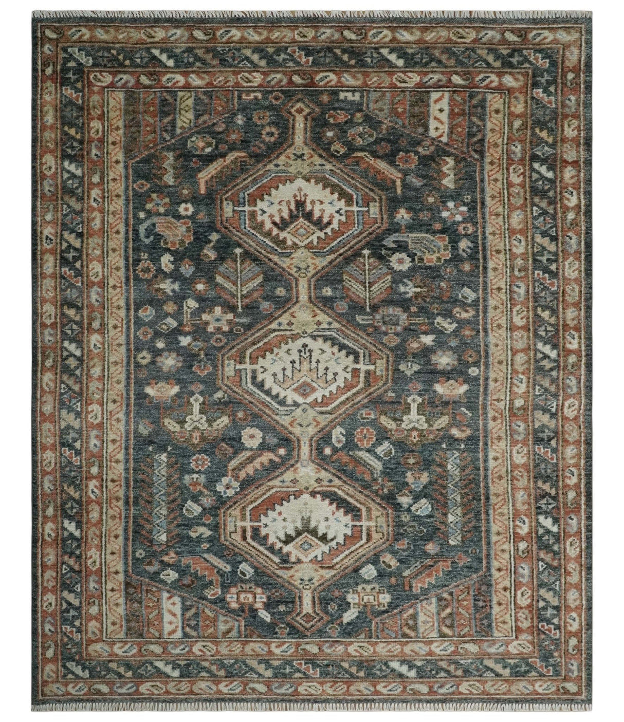 Antique Style Charcoal, Beige and Rust Hand knotted Custom Made wool Area Rug