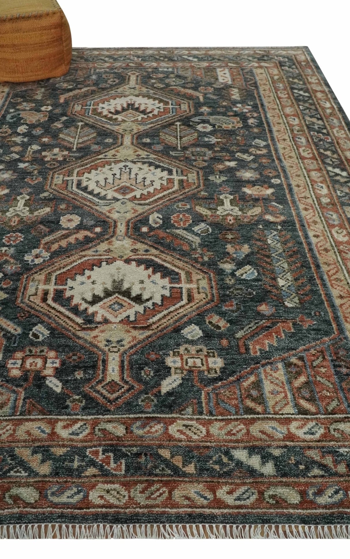 Antique Style Charcoal, Beige and Rust Hand knotted Custom Made wool Area Rug