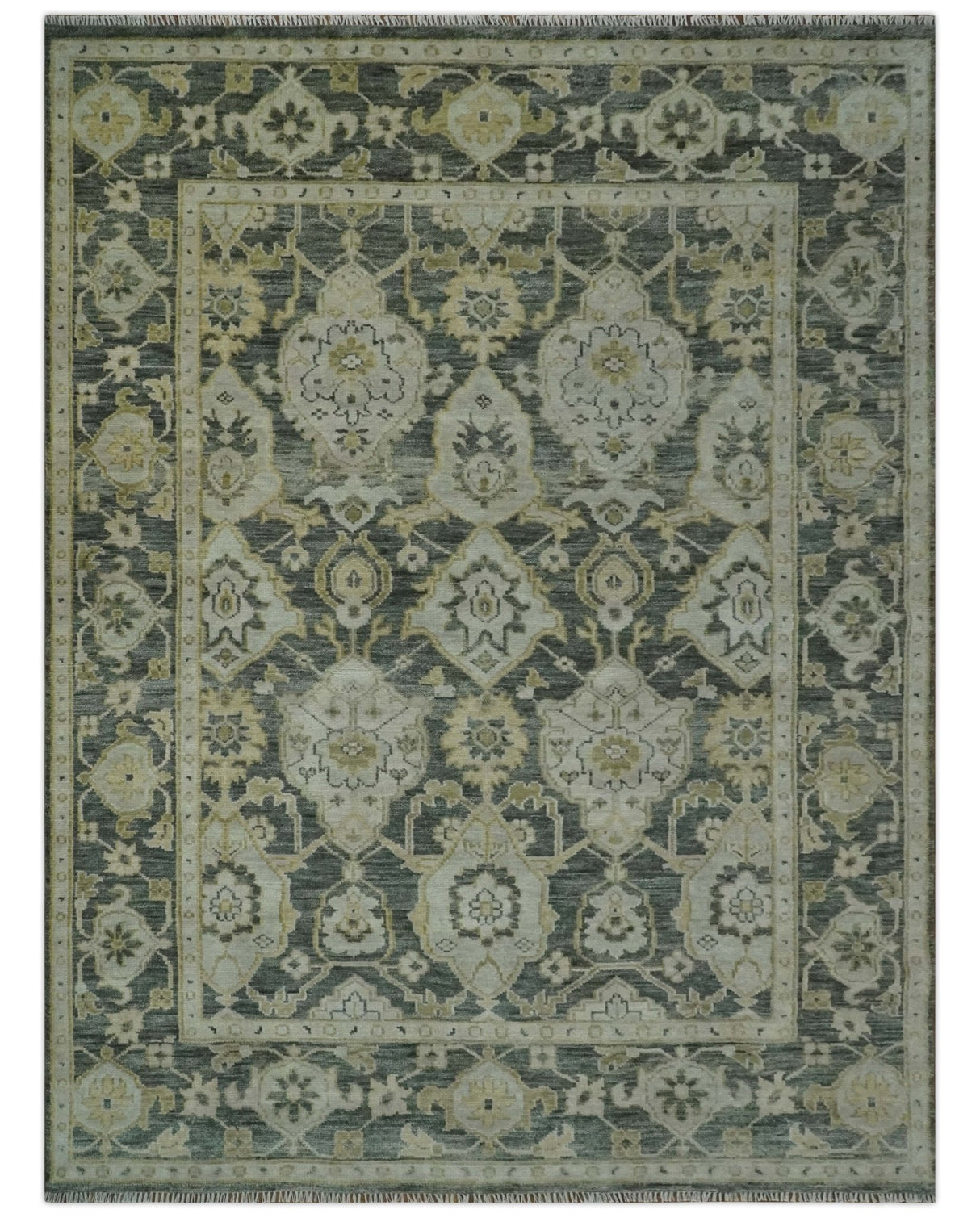 Antique style Gray, Ivory and Olive Hand knotted Traditional Oushak wool Area Rug