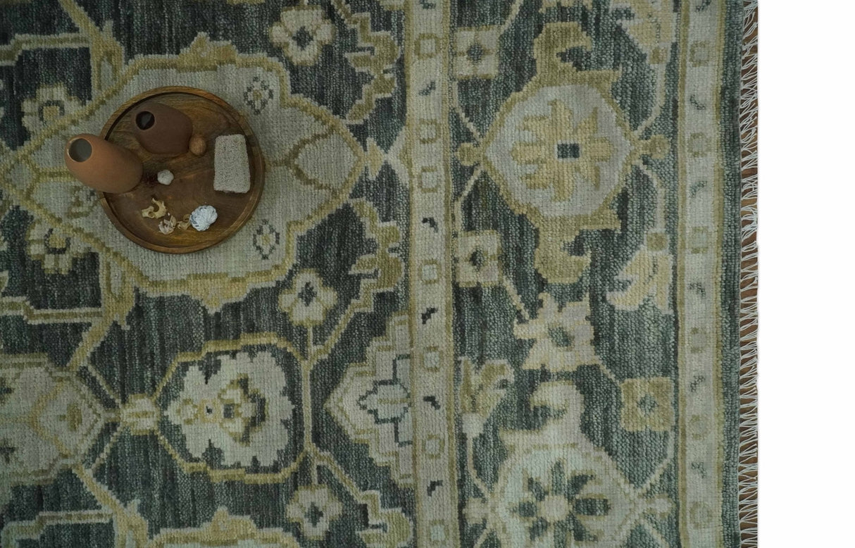 Antique style Gray, Ivory and Olive Hand knotted Traditional Oushak wool Area Rug