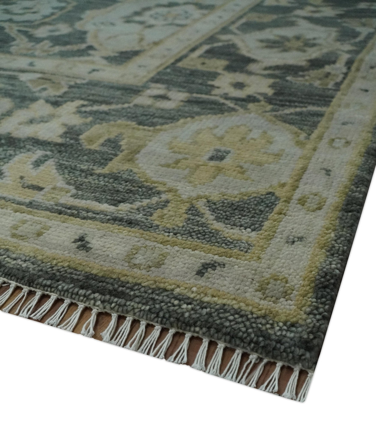 Antique style Gray, Ivory and Olive Hand knotted Traditional Oushak wool Area Rug