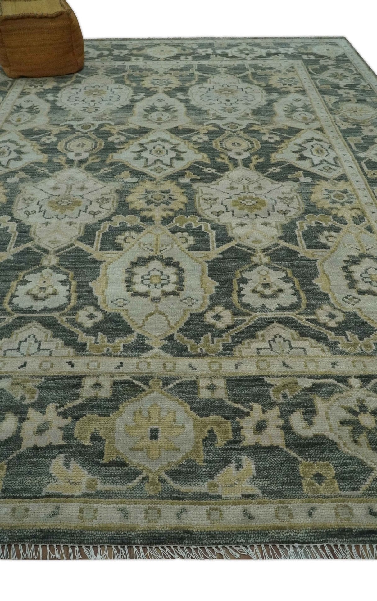 Antique style Gray, Ivory and Olive Hand knotted Traditional Oushak wool Area Rug