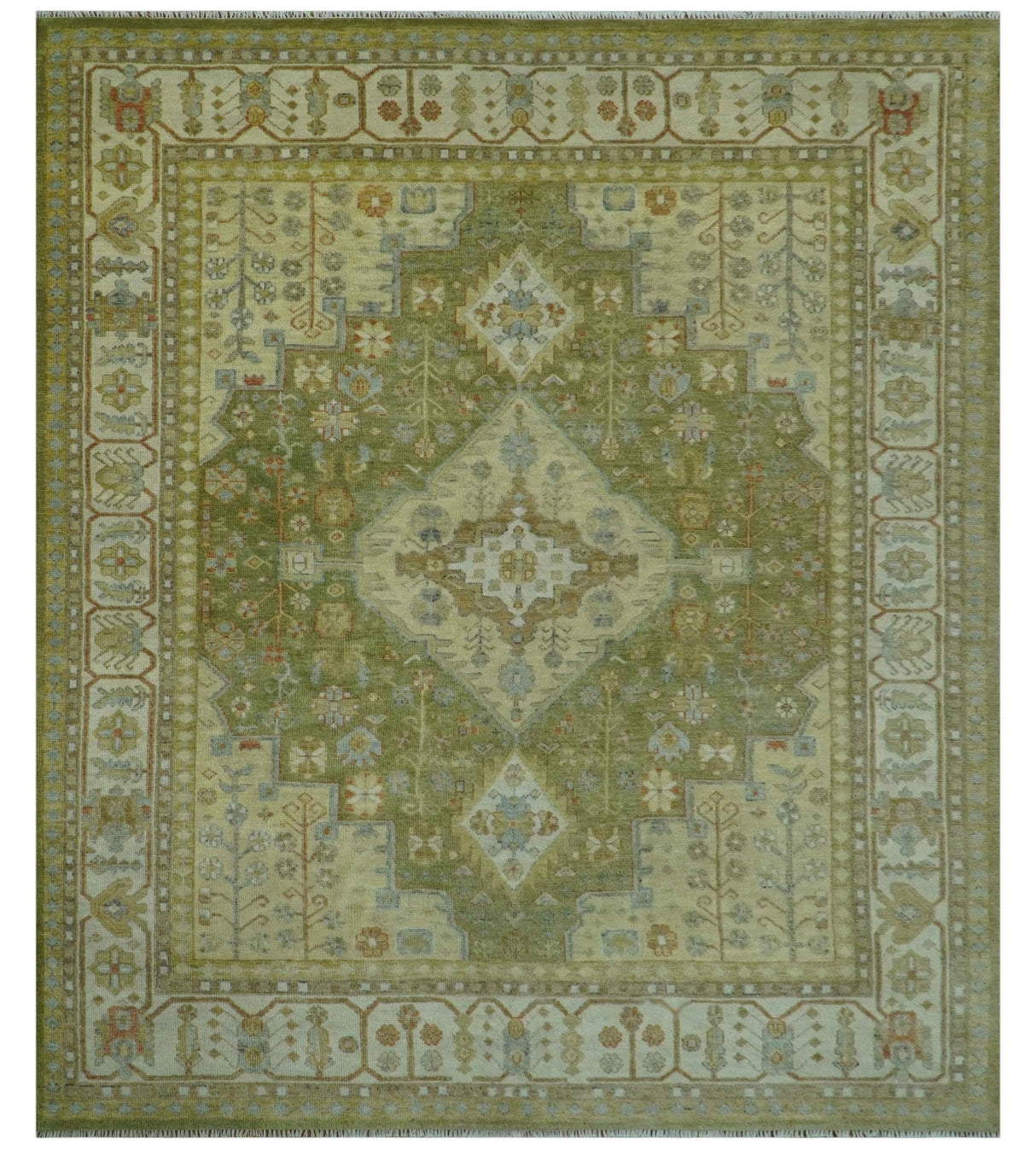 Antique Style Green, Ivory and Beige Hand knotted Heriz Serapi Multi Size wool Area Rug