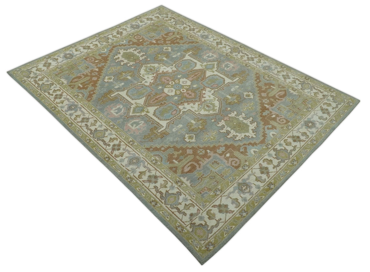 Antique Style Traditional Heriz Gray, Ivory, Peach and Olive Hand Knotted Multi Size wool Area Rug