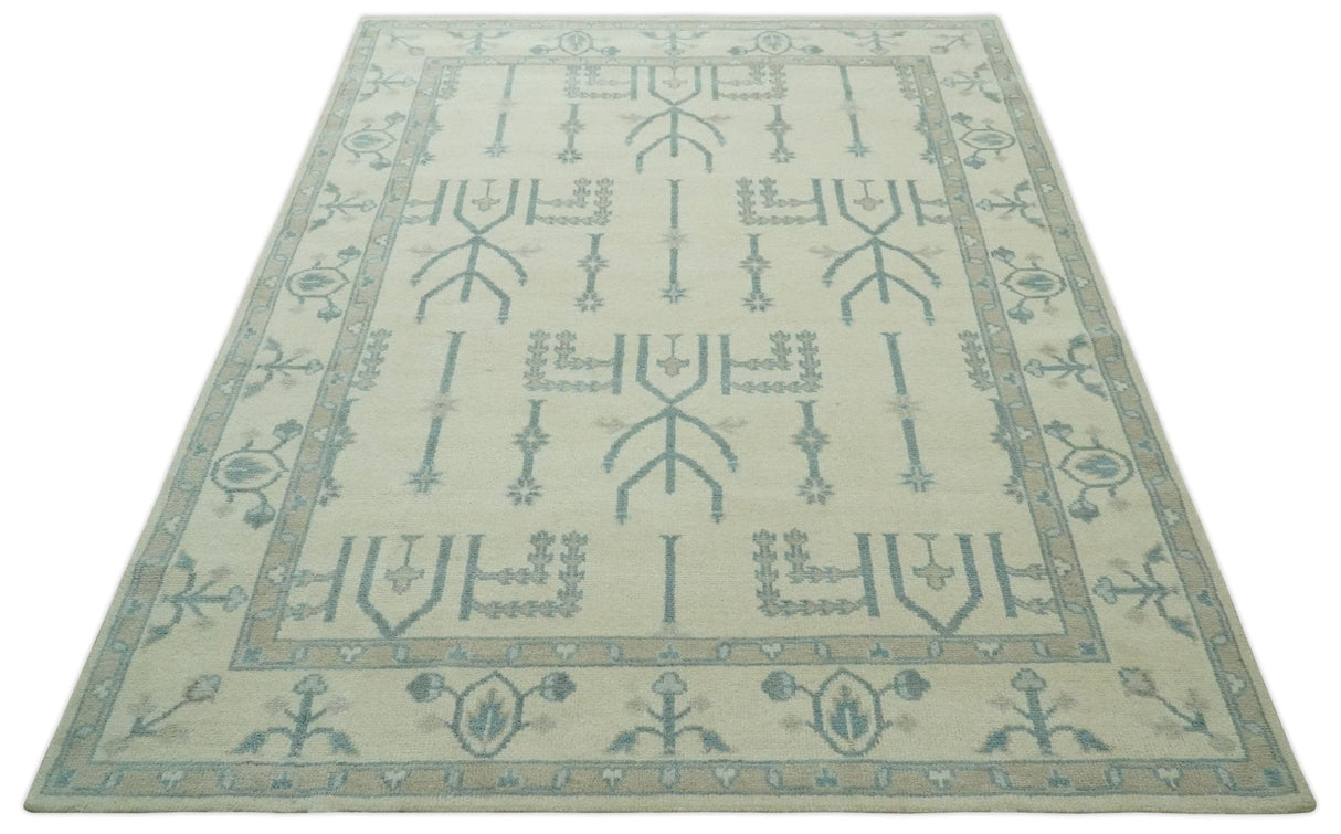 Antique Style Tree of life Beige and Teal Traditional Hand Knotted Custom Made wool Area Rug