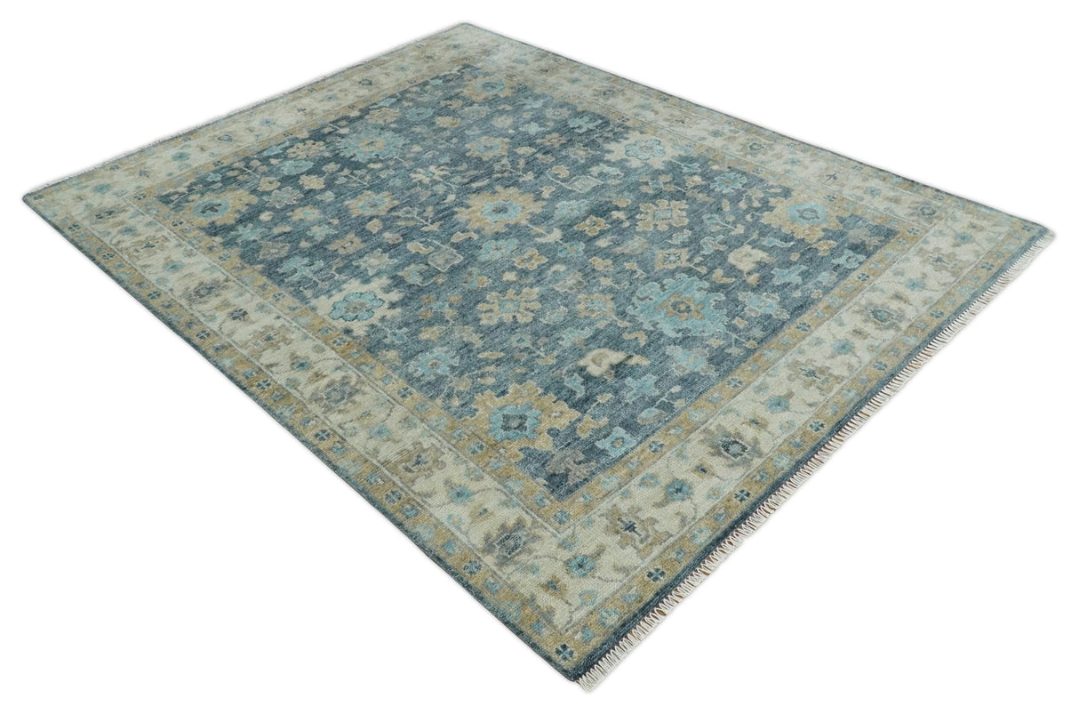 Antique Teal Blue Custom Made Hand Knotted Oriental Oushak Ivory and Beige Wool Area Rug