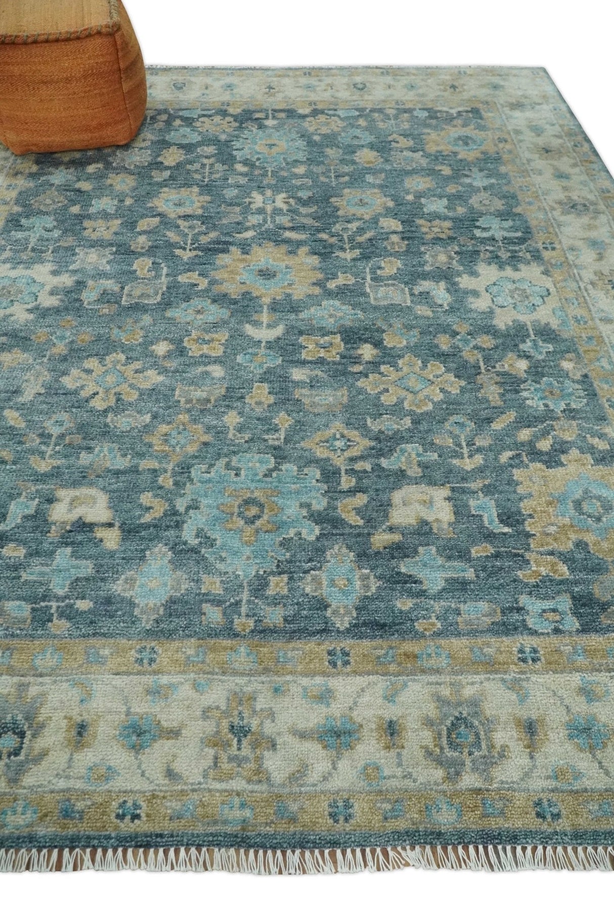 Antique Teal Blue Custom Made Hand Knotted Oriental Oushak Ivory and Beige Wool Area Rug