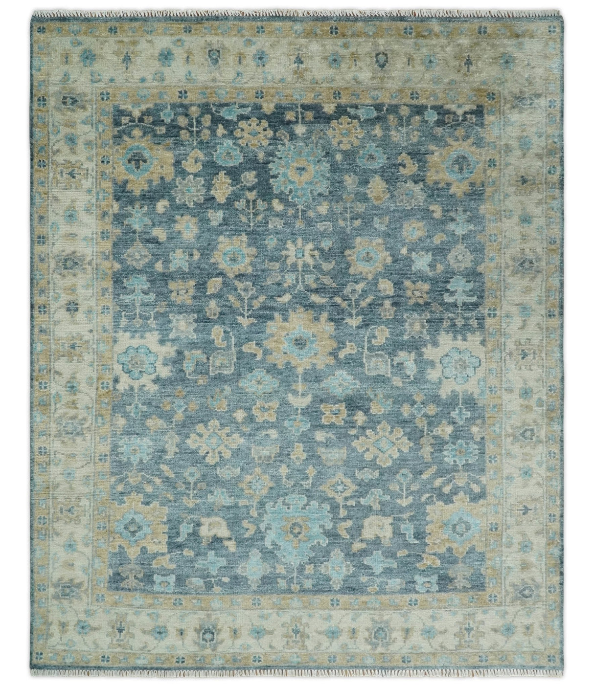 Antique Teal Blue Custom Made Hand Knotted Oriental Oushak Ivory and Beige Wool Area Rug