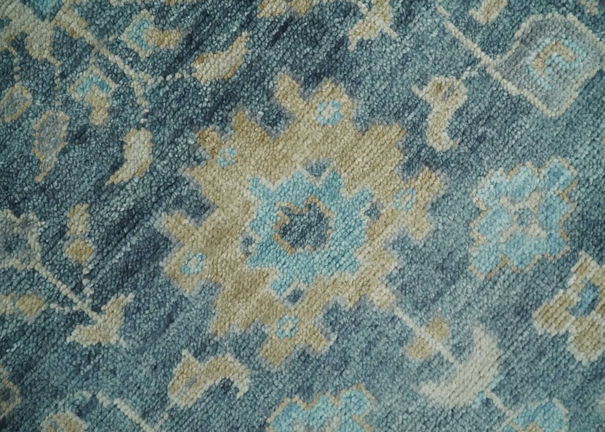 Antique Teal Blue Custom Made Hand Knotted Oriental Oushak Ivory and Beige Wool Area Rug