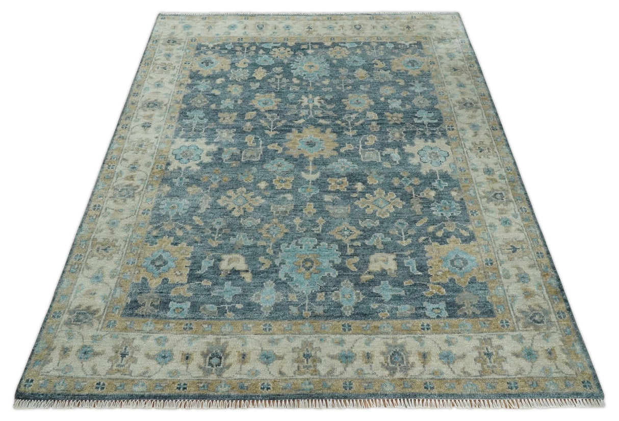 Antique Teal Blue Custom Made Hand Knotted Oriental Oushak Ivory and Beige Wool Area Rug
