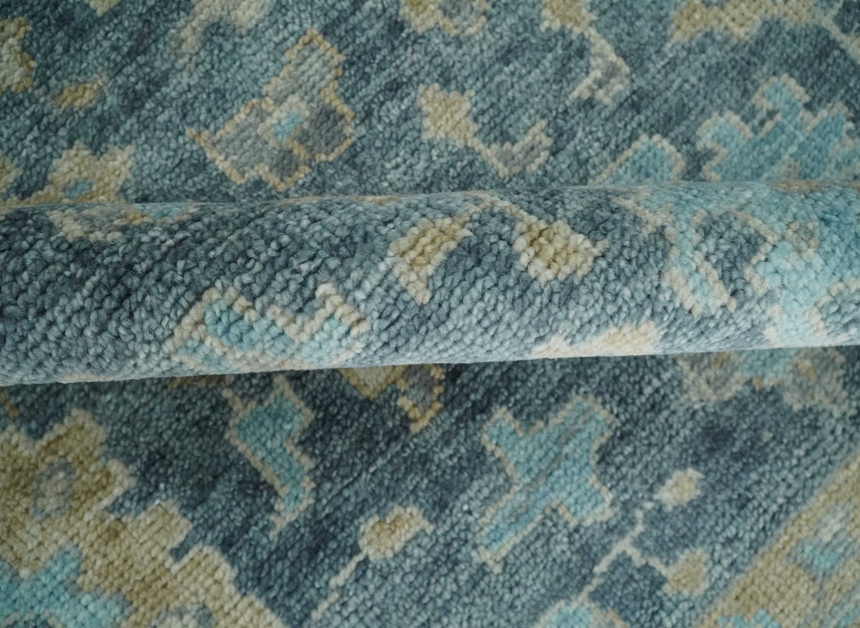Antique Teal Blue Custom Made Hand Knotted Oriental Oushak Ivory and Beige Wool Area Rug