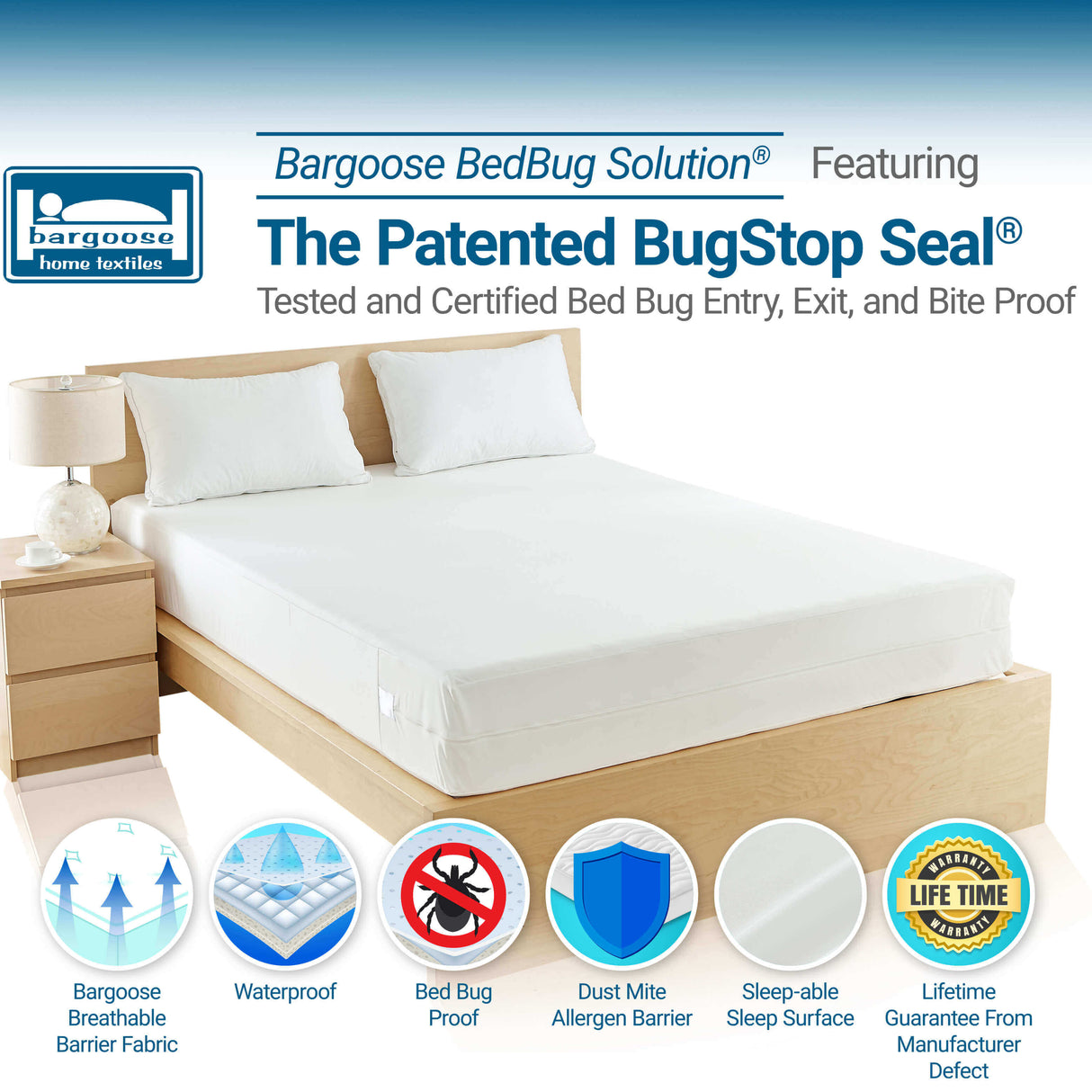 Bargoose BedBug Solution™ Hybrid Zippered Mattress Encasing - Stretches To Fit 9-12" Mattresses