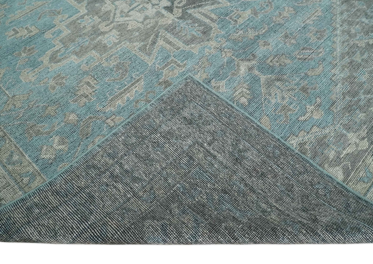 Beige, Blue and Gray Antique Finish Distressed Hand Knotted Heriz Serapi Traditional Multi Size wool Area Rug