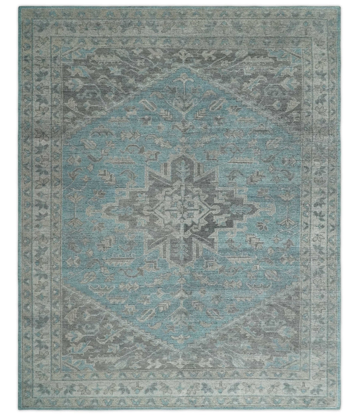 Beige, Blue and Gray Antique Finish Distressed Hand Knotted Heriz Serapi Traditional Multi Size wool Area Rug