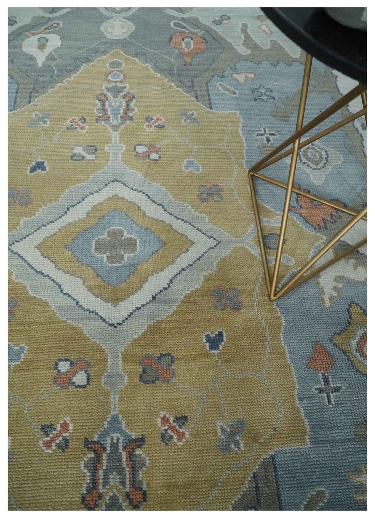 Beige, Blue and Ivory Hand Knotted Traditional Wool Area Rug