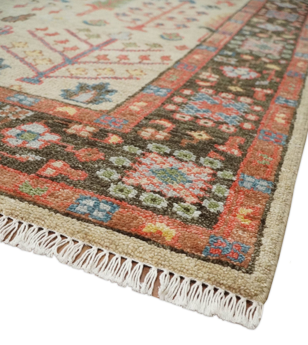 Beige, Brown and Rust Tree of Life Hand Knotted Traditional Multi Size Wool Rug