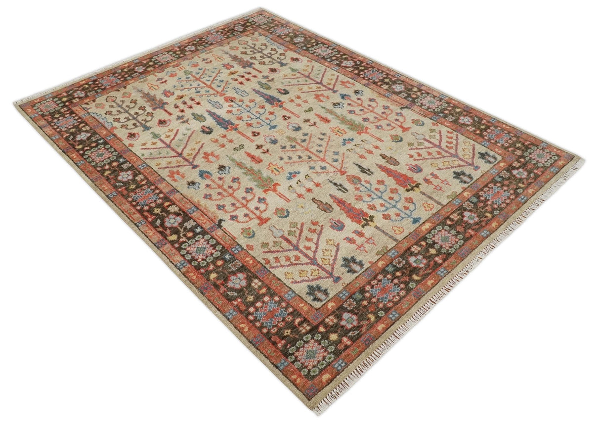 Beige, Brown and Rust Tree of Life Hand Knotted Traditional Multi Size Wool Rug