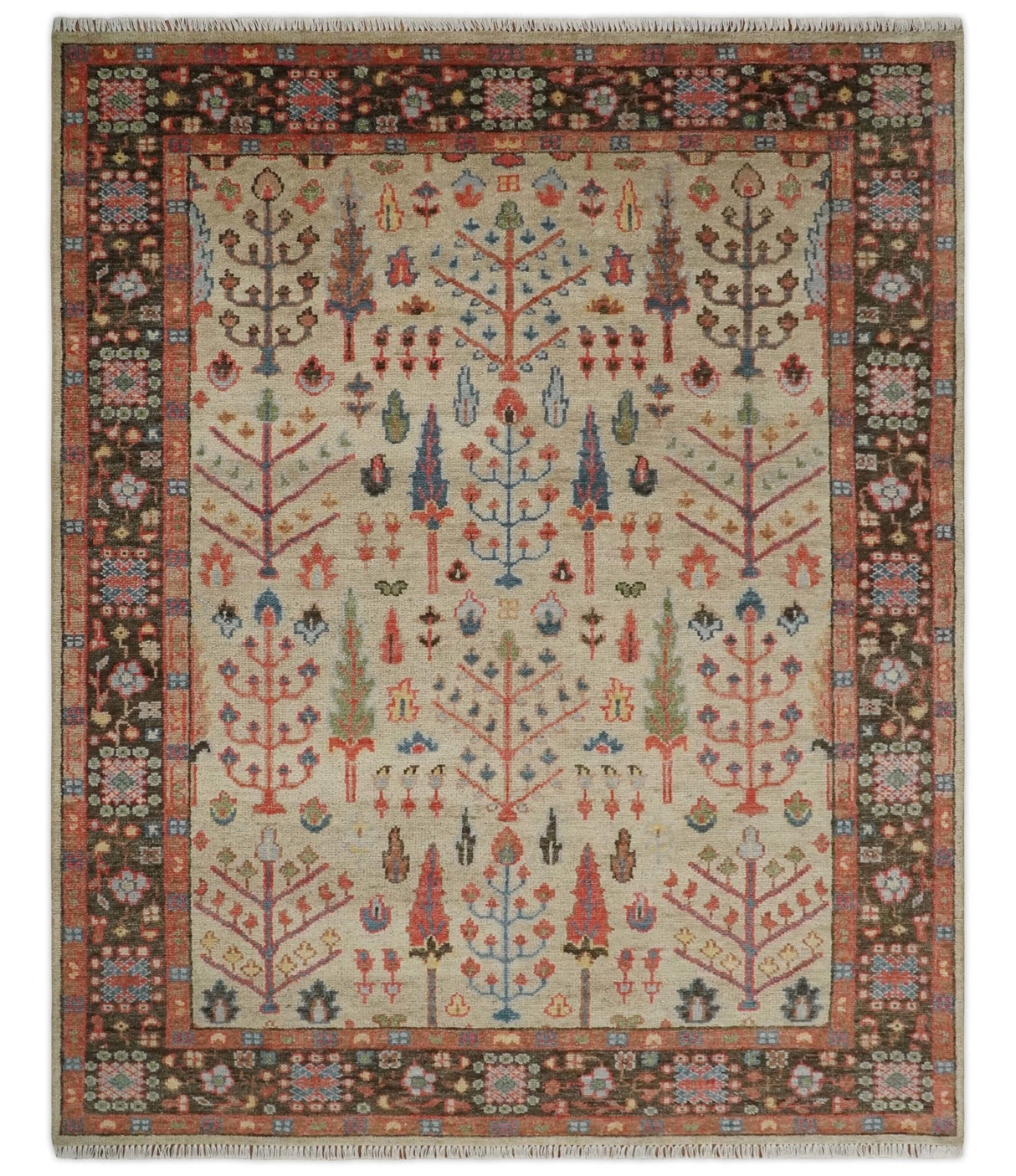 Beige, Brown and Rust Tree of Life Hand Knotted Traditional Multi Size Wool Rug