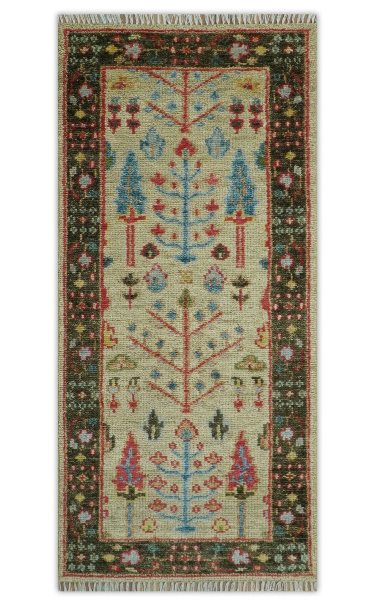 Beige, Brown and Rust Tree of Life Hand Knotted Traditional Multi Size Wool Rug