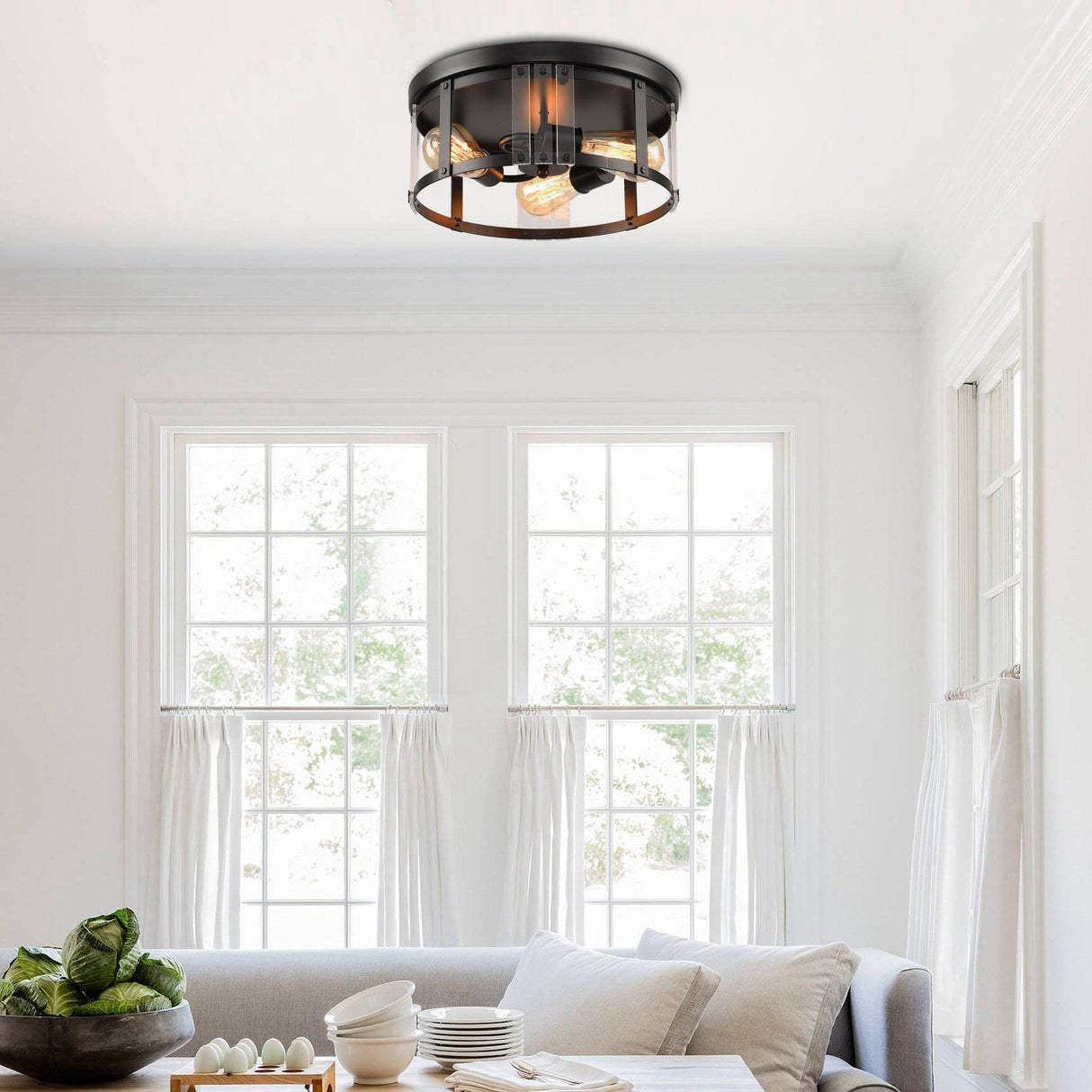 Black 3-Light Farmhouse Flush Mount Ceiling Light
