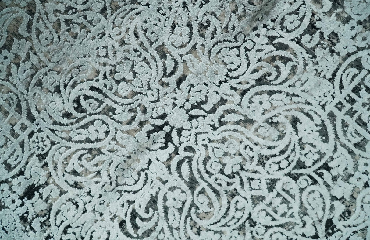 Black, Beige and Silver Antique Finish, Vintage look, Art Silk Area Rug, Living Room Rug