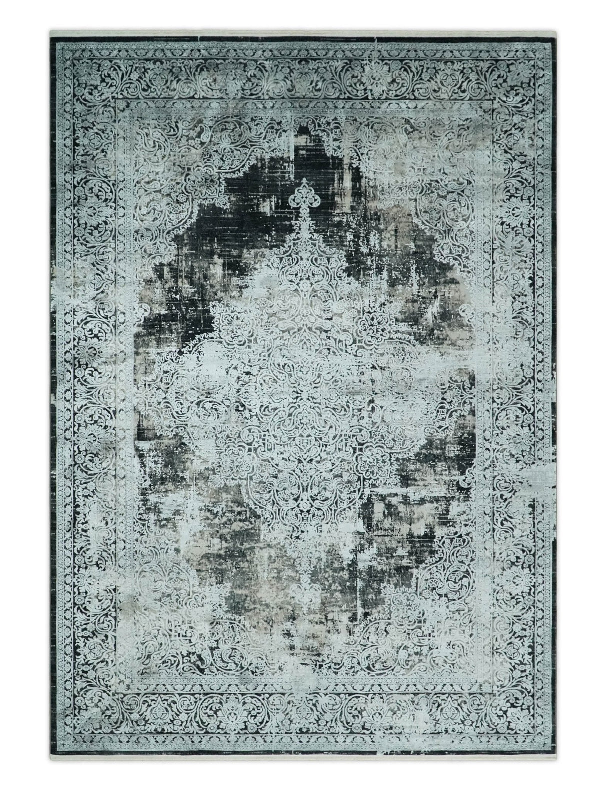 Black, Beige and Silver Antique Finish, Vintage look, Art Silk Area Rug, Living Room Rug
