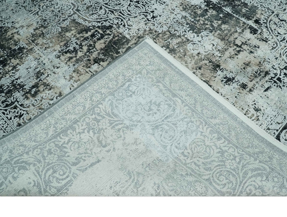 Black, Beige and Silver Antique Finish, Vintage look, Art Silk Area Rug, Living Room Rug