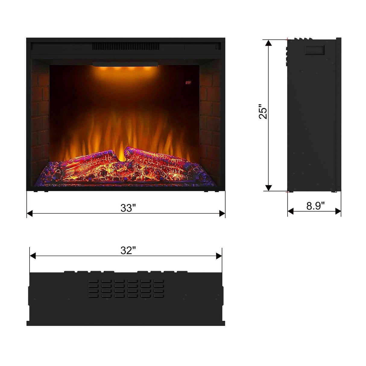 Black Electric Fireplace Heater Insert with Overheating Protection and Remote Control