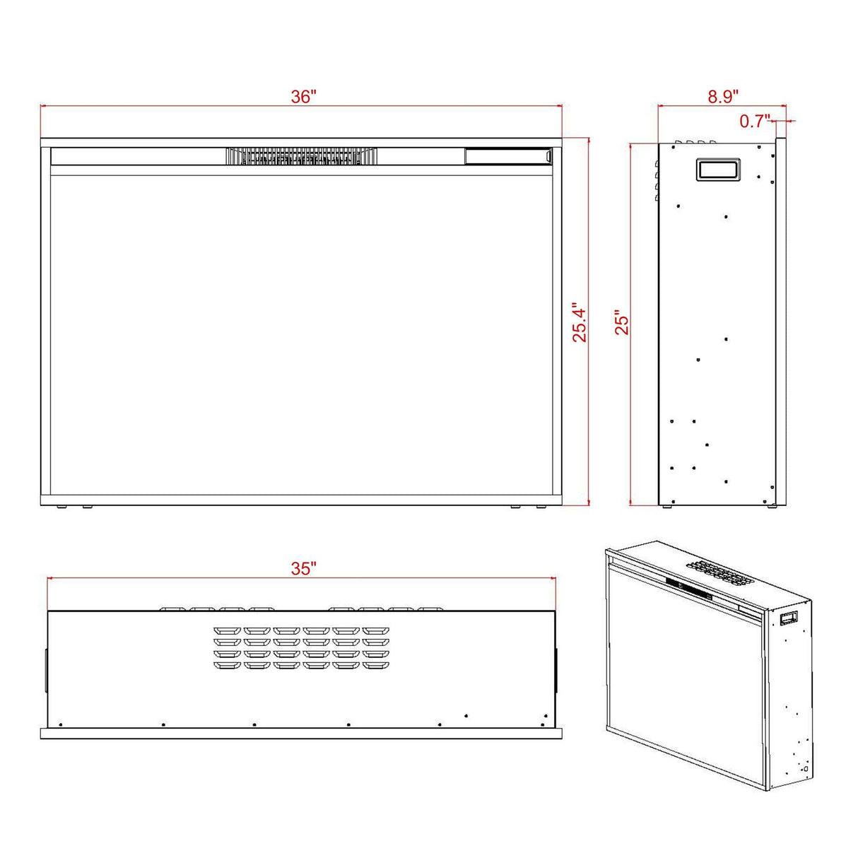 Black Electric Fireplace Heater Insert with Overheating Protection and Remote Control