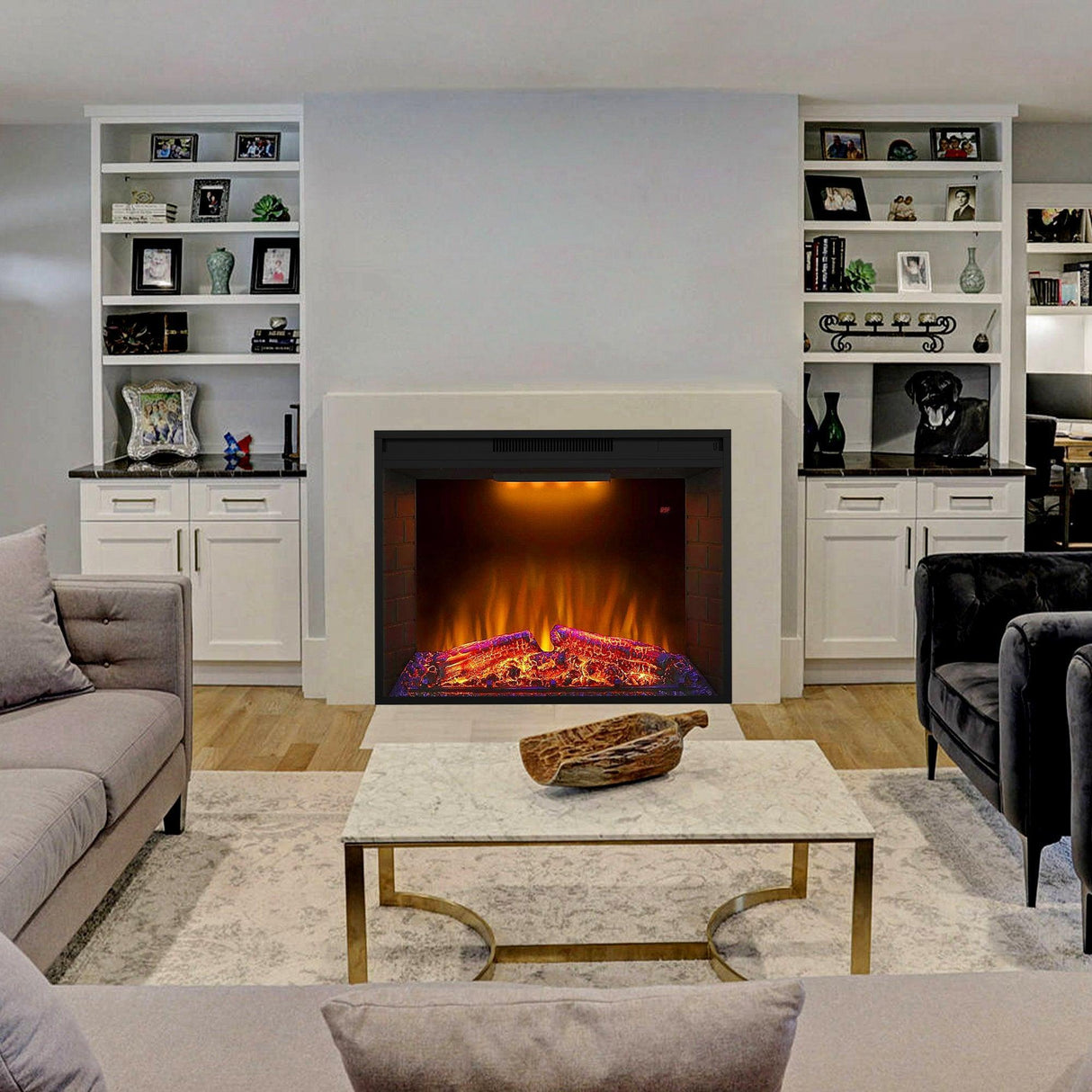 Black Electric Fireplace Heater Insert with Overheating Protection and Remote Control