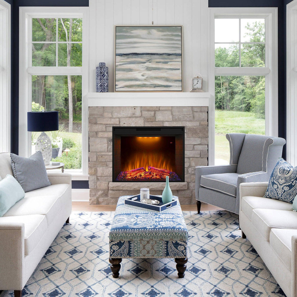 Black Electric Fireplace Heater Insert with Overheating Protection and Remote Control