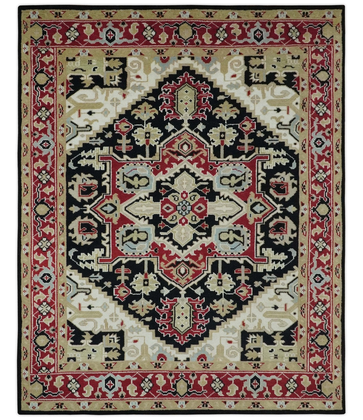 Black, Ivory, Olive and Brown Hand knotted Traditional Heriz Medallion Multi Size Wool Area Rug