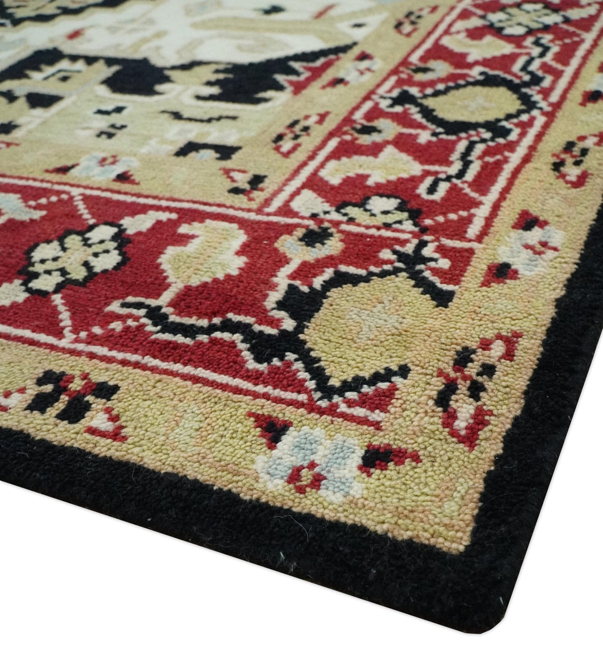 Black, Ivory, Olive and Brown Hand knotted Traditional Heriz Medallion Multi Size Wool Area Rug