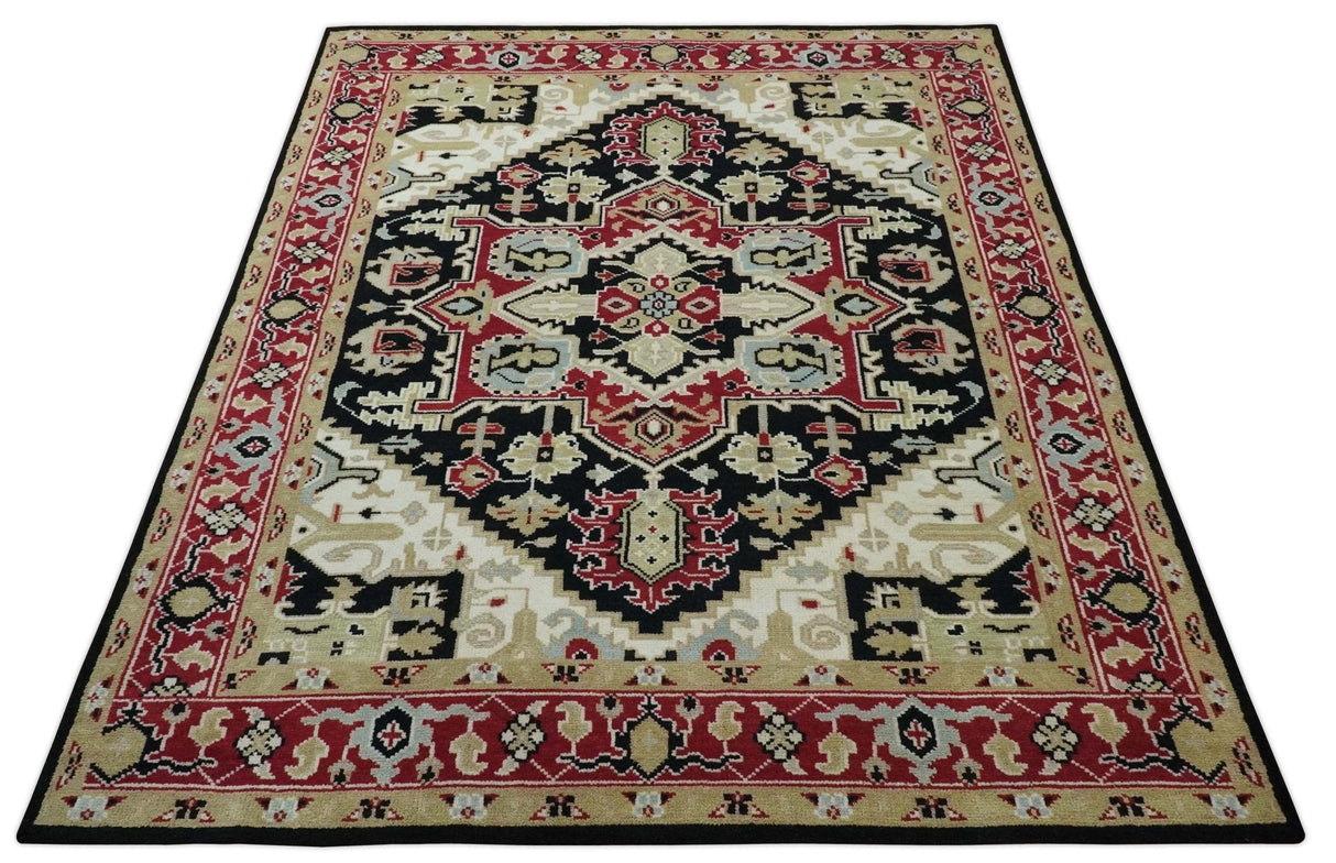 Black, Ivory, Olive and Brown Hand knotted Traditional Heriz Medallion Multi Size Wool Area Rug