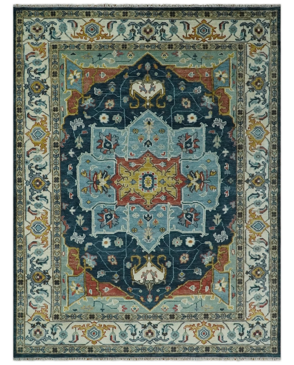 Custom Made Blue and Ivory Hand Knotted Modern Turkish Medallion Design Wool Area Rug