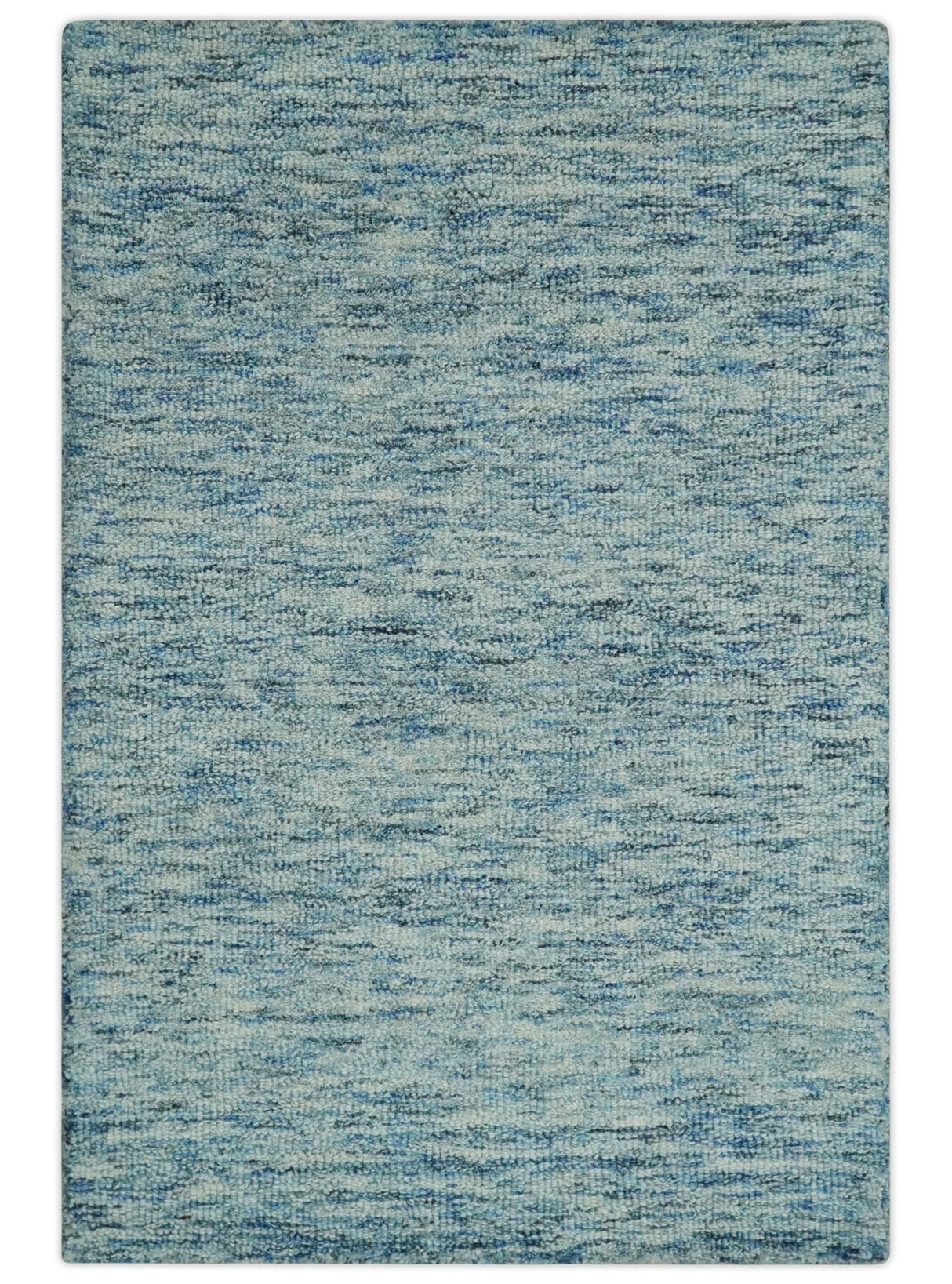 Custom Made Blue and Ivory Shaded Solid Wool Hand Woven Layering Area Rug