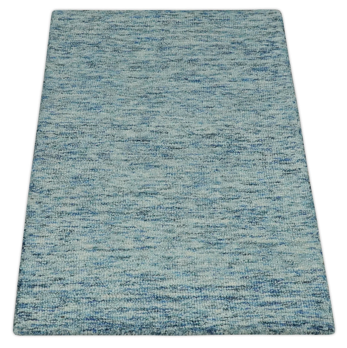 Custom Made Blue and Ivory Shaded Solid Wool Hand Woven Layering Area Rug