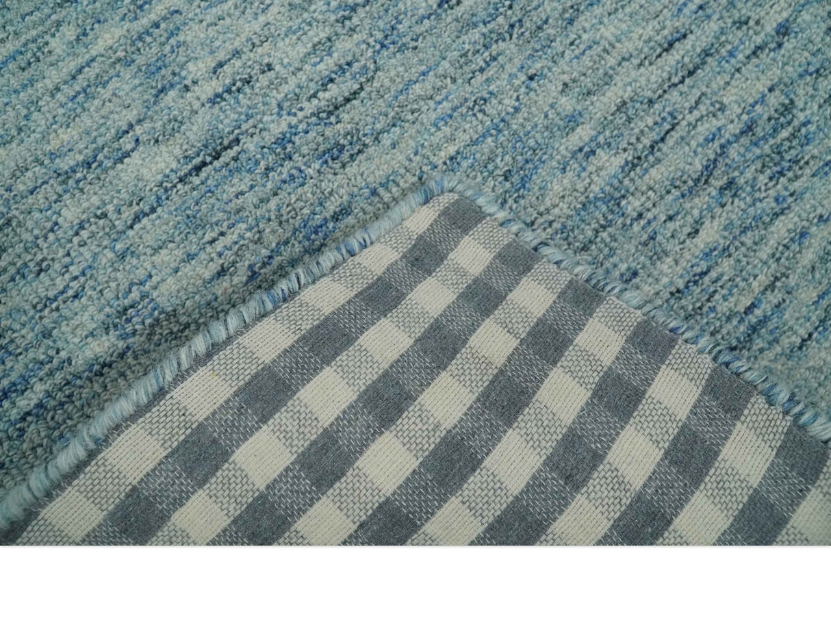 Custom Made Blue and Ivory Shaded Solid Wool Hand Woven Layering Area Rug