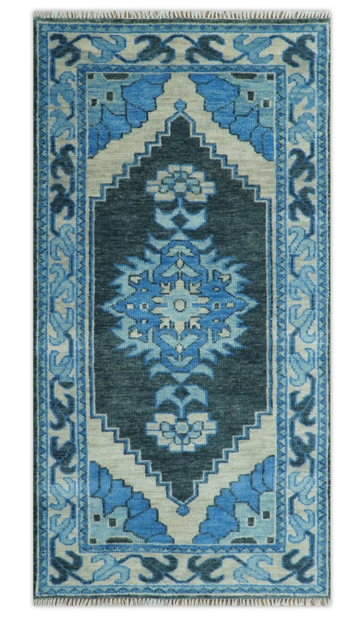 Blue, Black and Ivory Hand Knotted Antique Traditional Heriz Serapi Multi Size Wool Area Rug