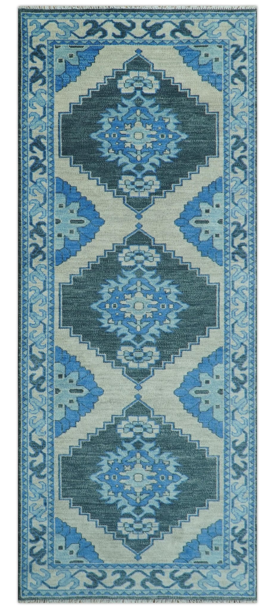 Blue, Black and Ivory Hand Knotted Antique Traditional Heriz Serapi Multi Size Wool Area Rug