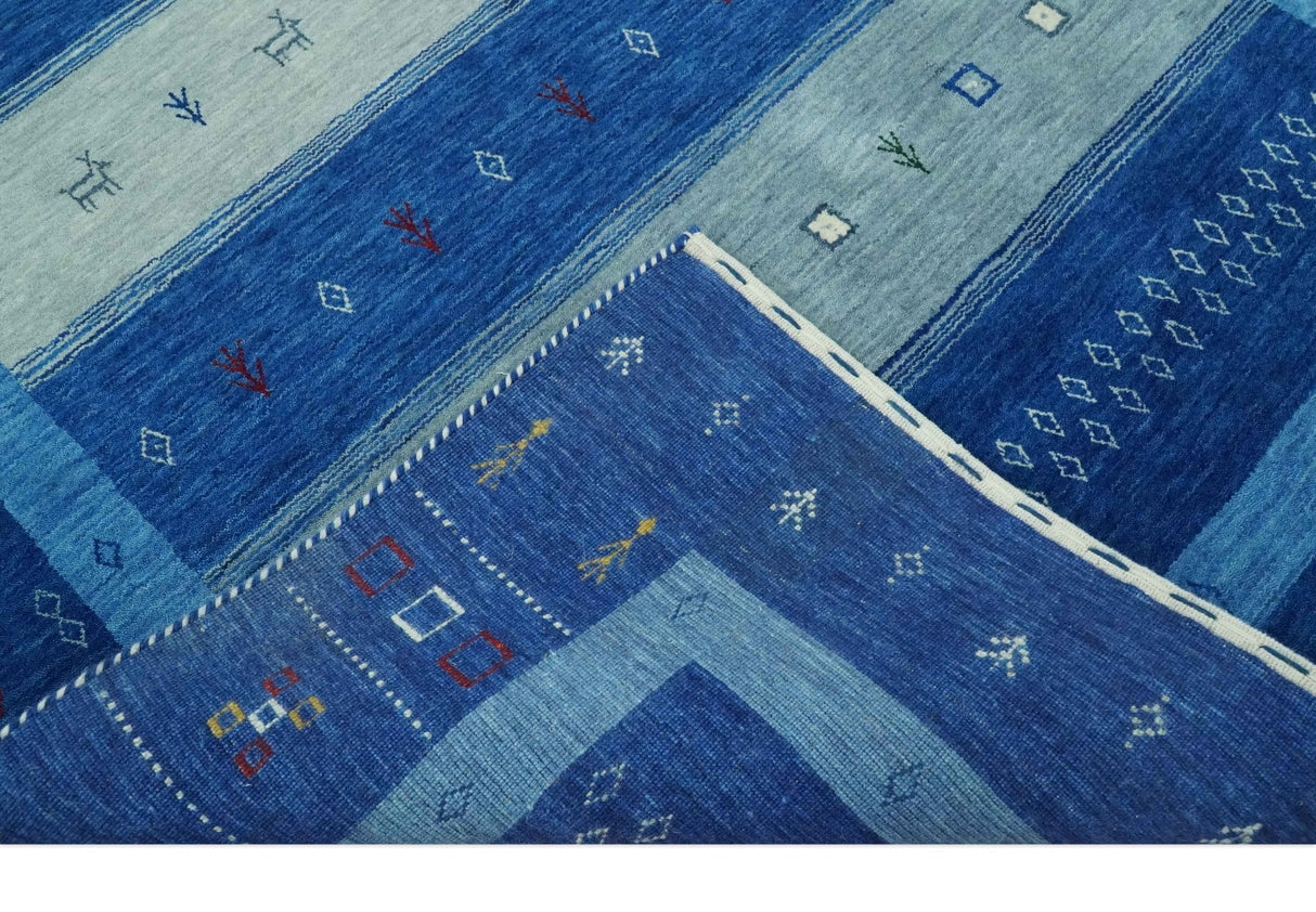 Blue, Gray and Silver Stripes design Tribal Gabbeh Traditional Custom Made Wool Area Rug