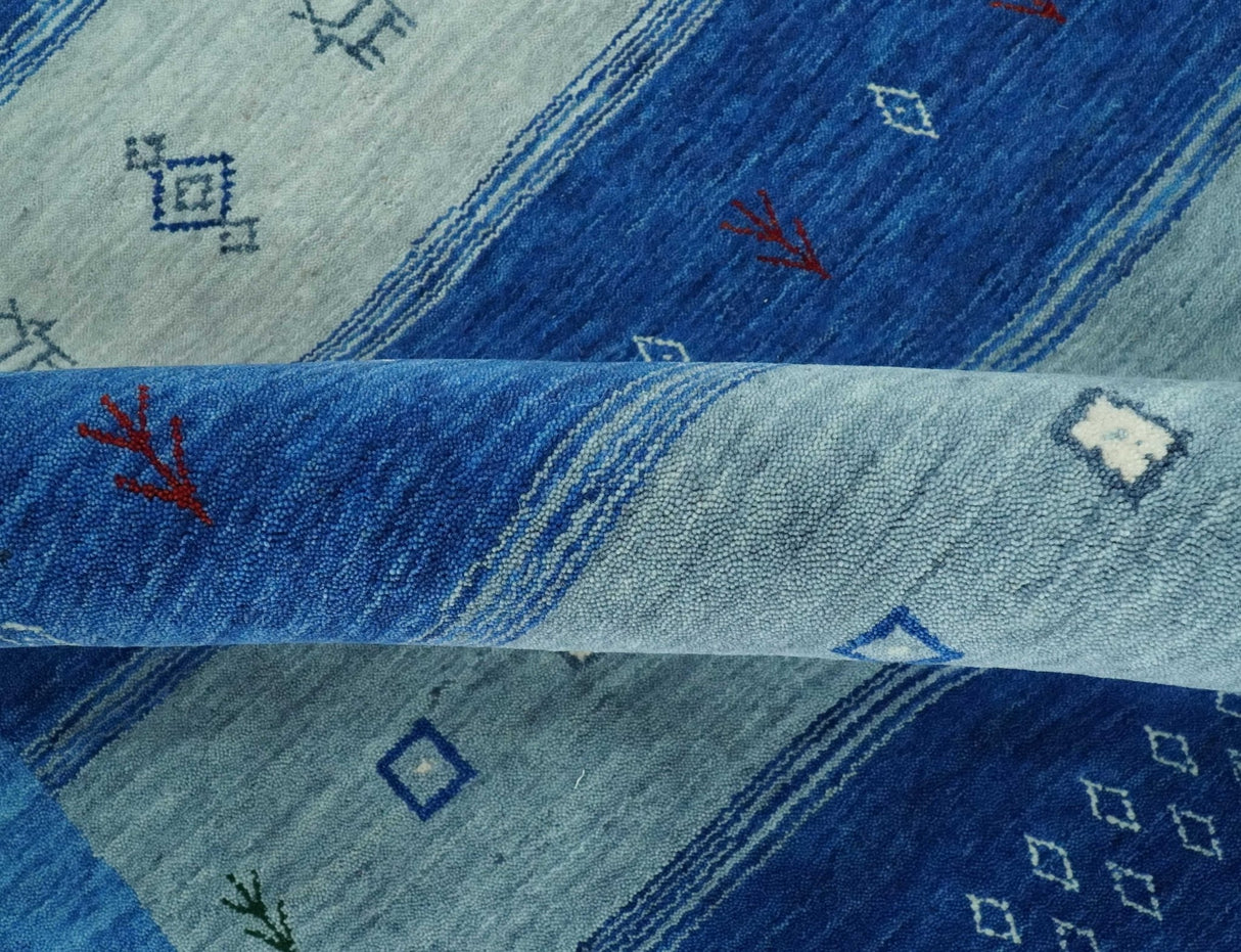 Blue, Gray and Silver Stripes design Tribal Gabbeh Traditional Custom Made Wool Area Rug