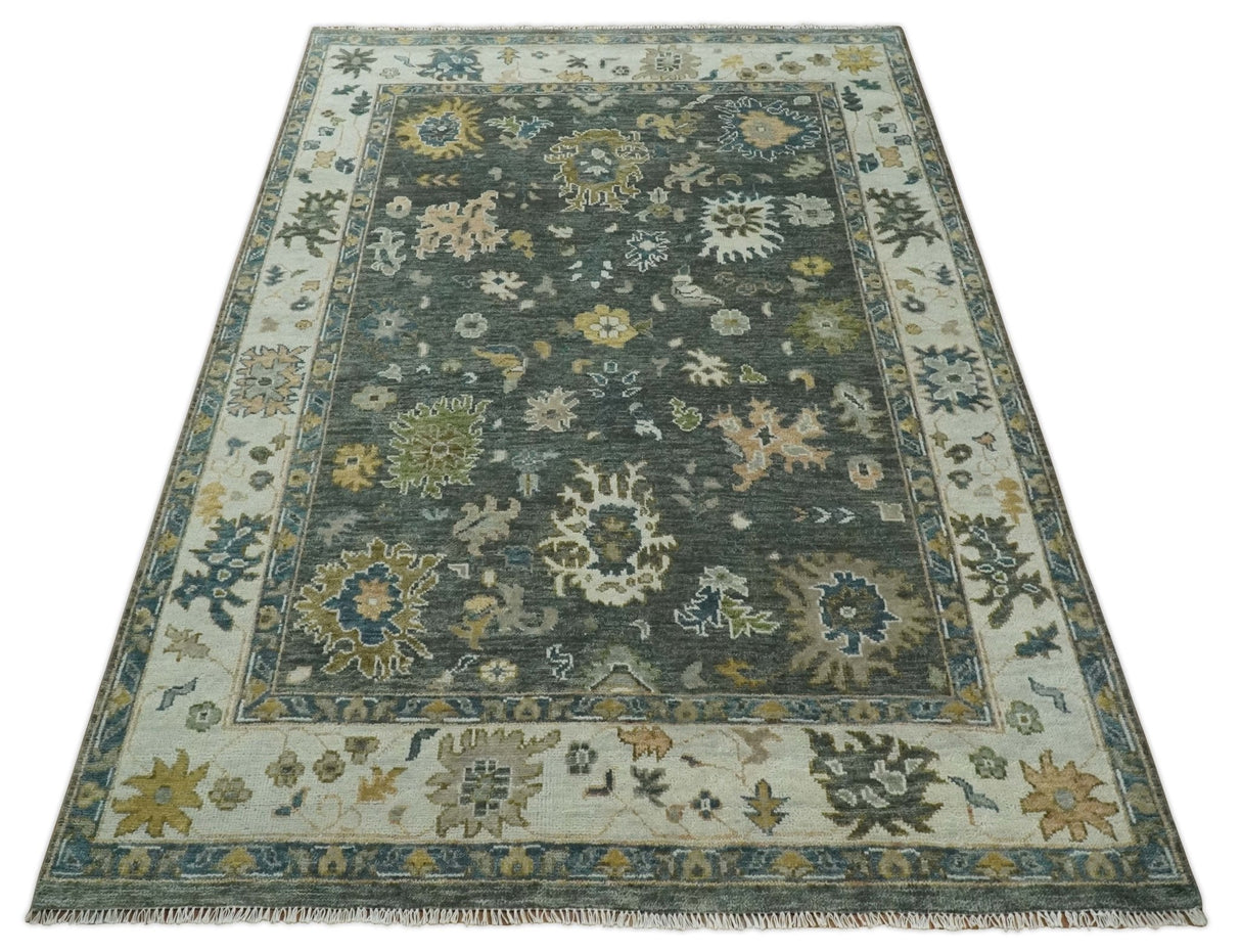 Charcoal and Ivory Hand Knotted Traditional Oushak Custom Made Wool Area Rug