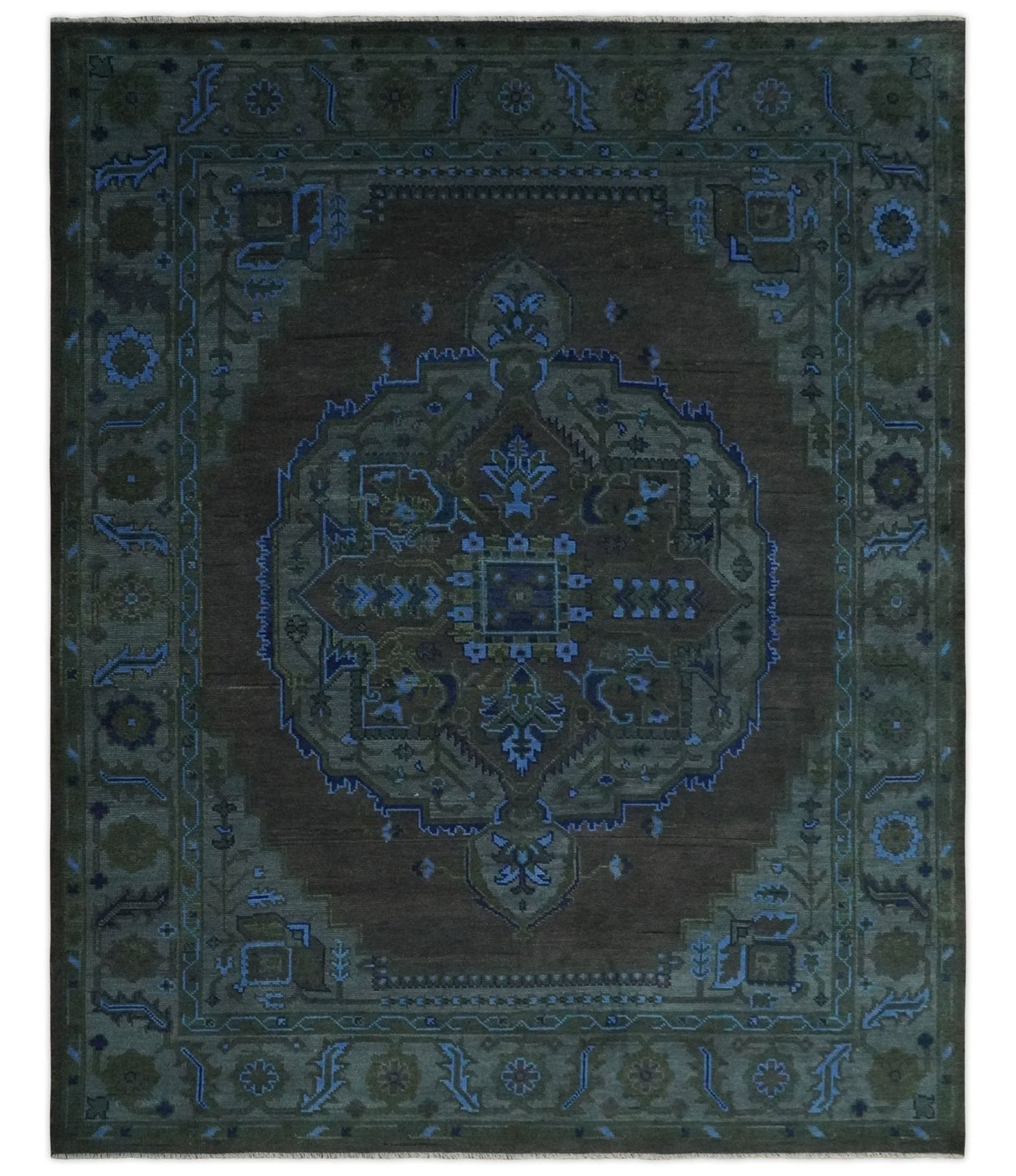 Charcoal, Gray, Green and Blue Neon look Traditional Heriz Medallion Multi Size wool Area Rug