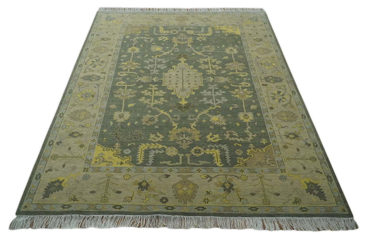 Charcoal, Olive and Mustard Hand knotted Oriental Oushak Custom Made wool Area Rug