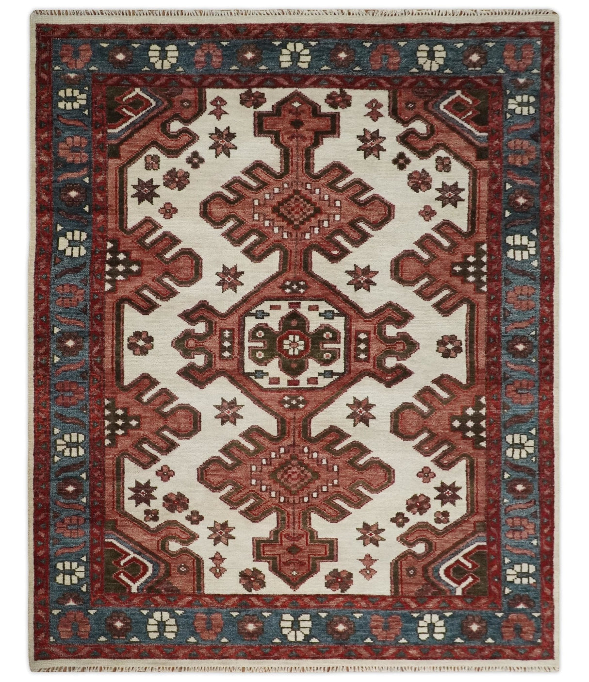 Coral Rust and Ivory Hand Knotted Traditional Heriz Serapi Multi Size Wool area Rug