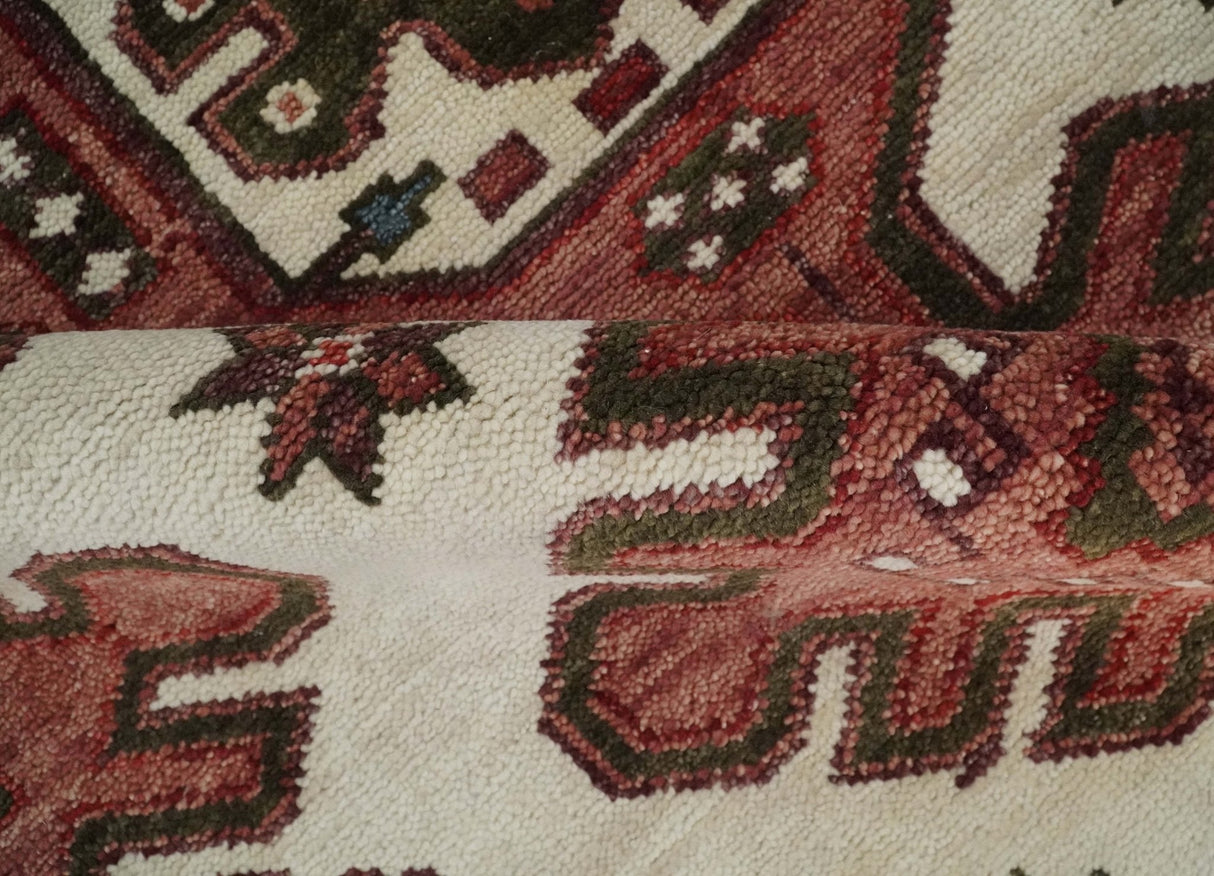 Coral Rust and Ivory Hand Knotted Traditional Heriz Serapi Multi Size Wool area Rug