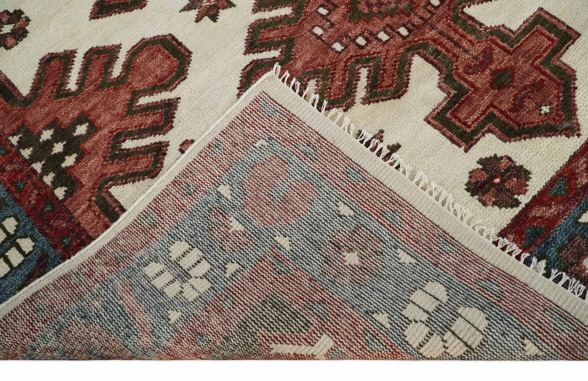 Coral Rust and Ivory Hand Knotted Traditional Heriz Serapi Multi Size Wool area Rug