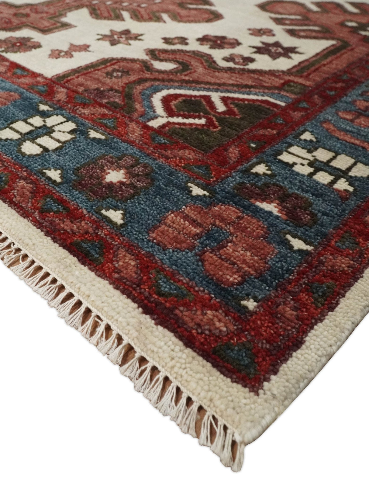 Coral Rust and Ivory Hand Knotted Traditional Heriz Serapi Multi Size Wool area Rug