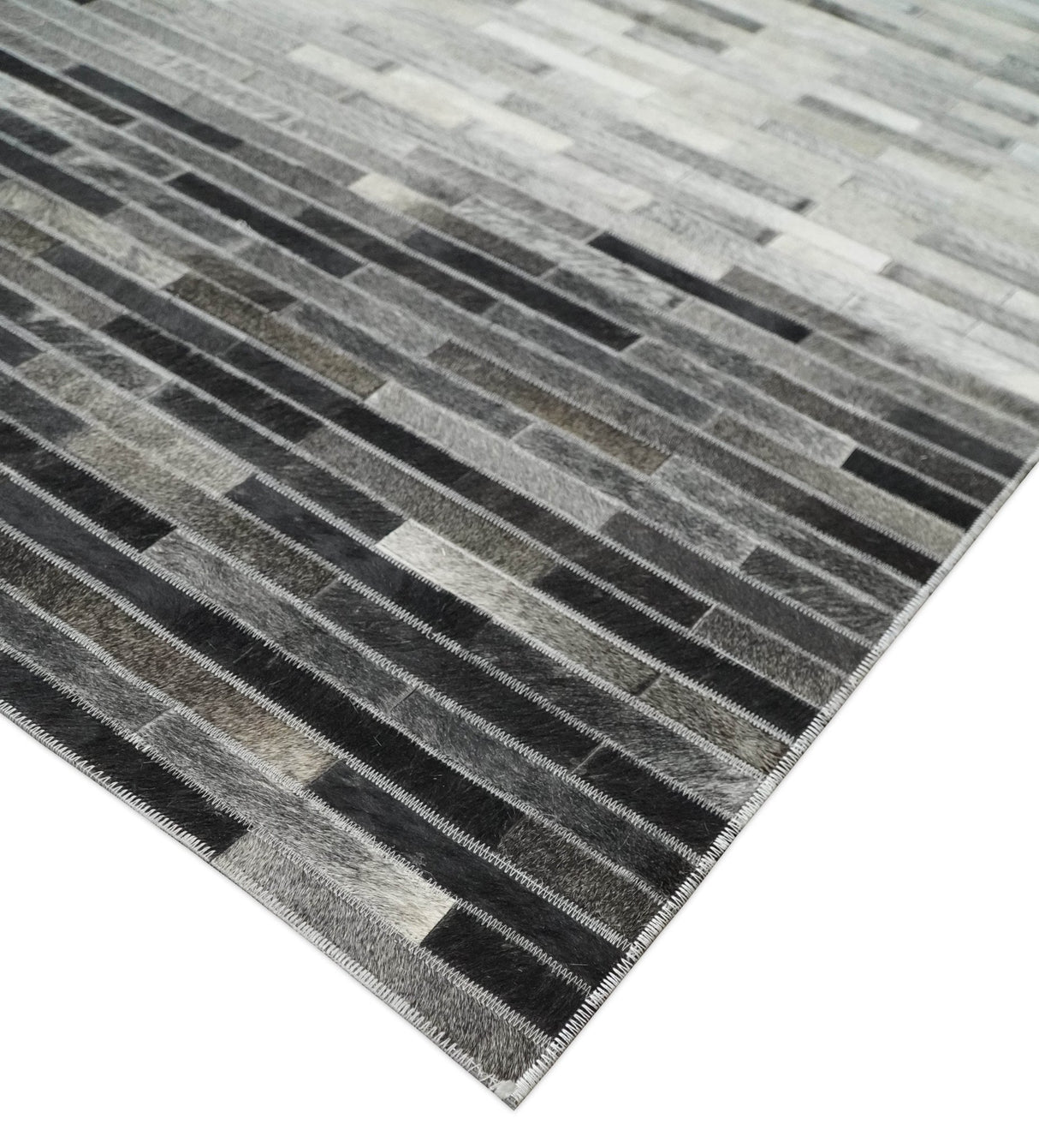 Custom Made Cowhide Leather Striped Gray and Silver Leather Rug, Modern Rug